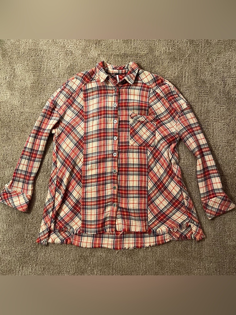 Free People Red Plaid Cotton Gauze Button-Down Shirt